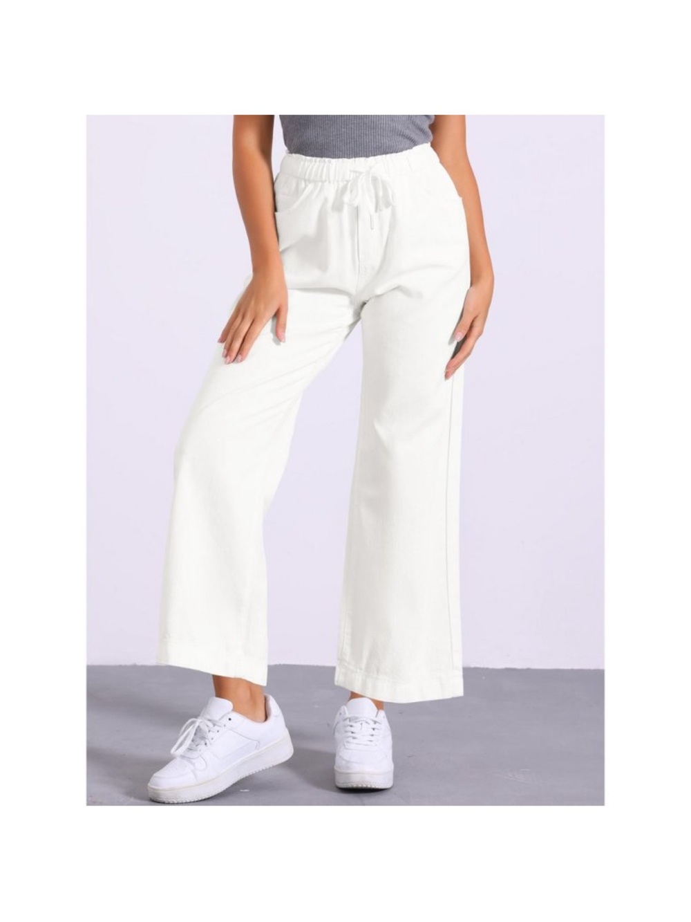 Drawstring Elastic Waist Wide-Leg Jeans Casual Denim Pants Cropped White